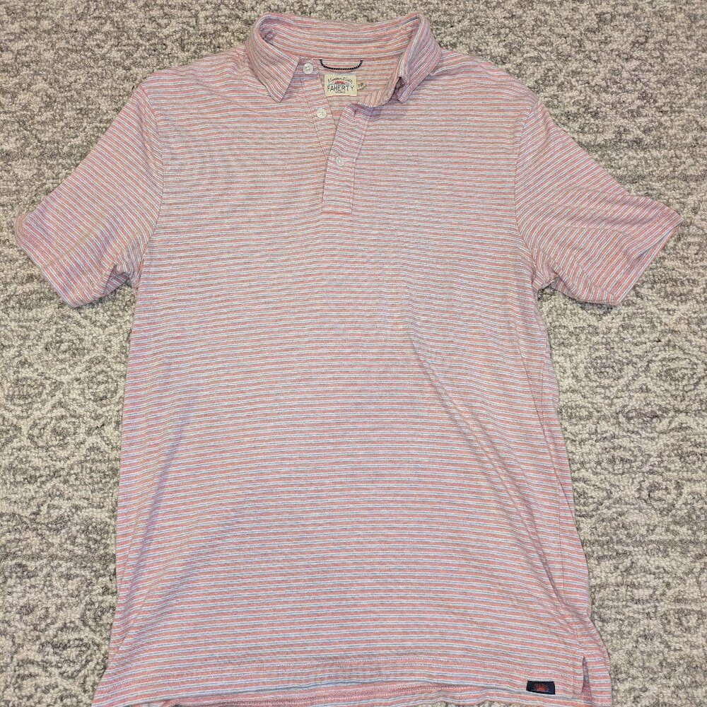 EUC Faherty movement polo shirt in striped pink and blue size small